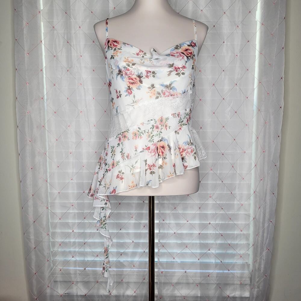 White Floral Lace Asymmetrical Top Fairy Princess Chiffon Ethereal Flowy Ruffles